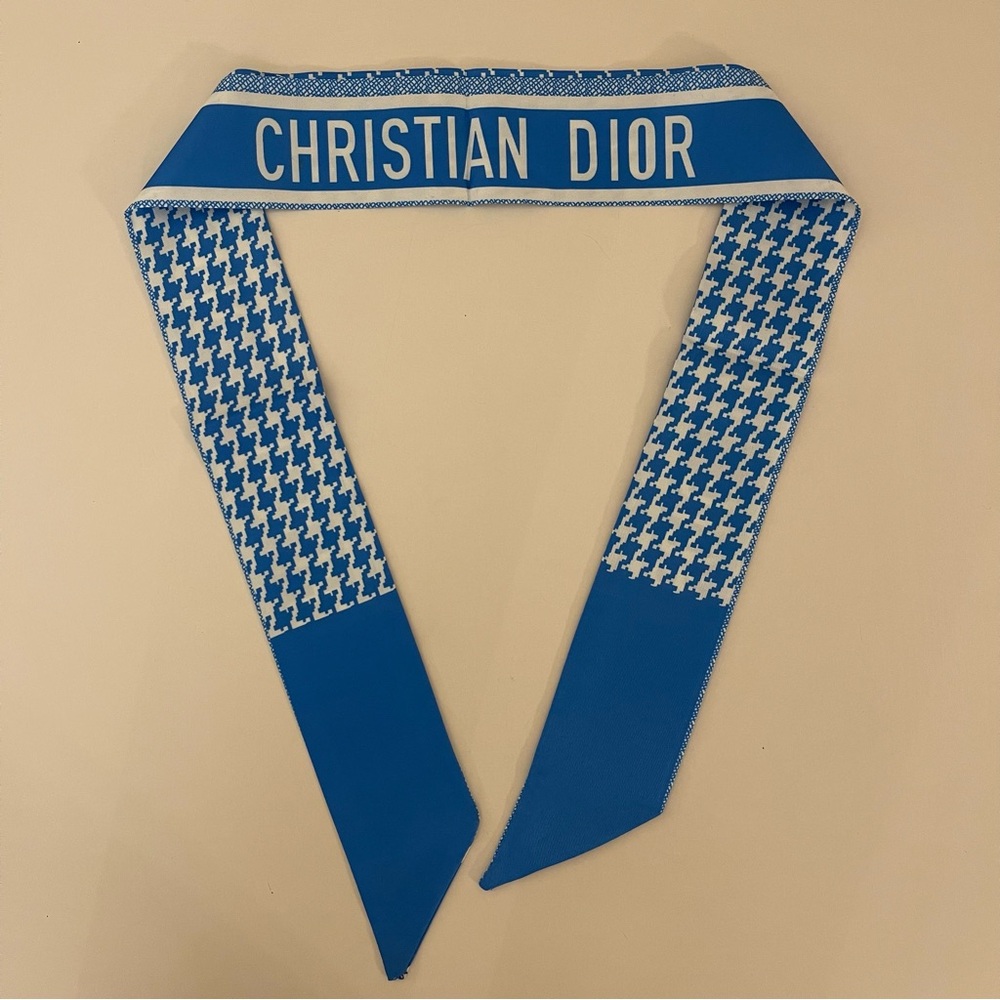 *D*I*O*R* Blue White Houndstooth Pattern Print Twilly Bandeau Wrap Scarf